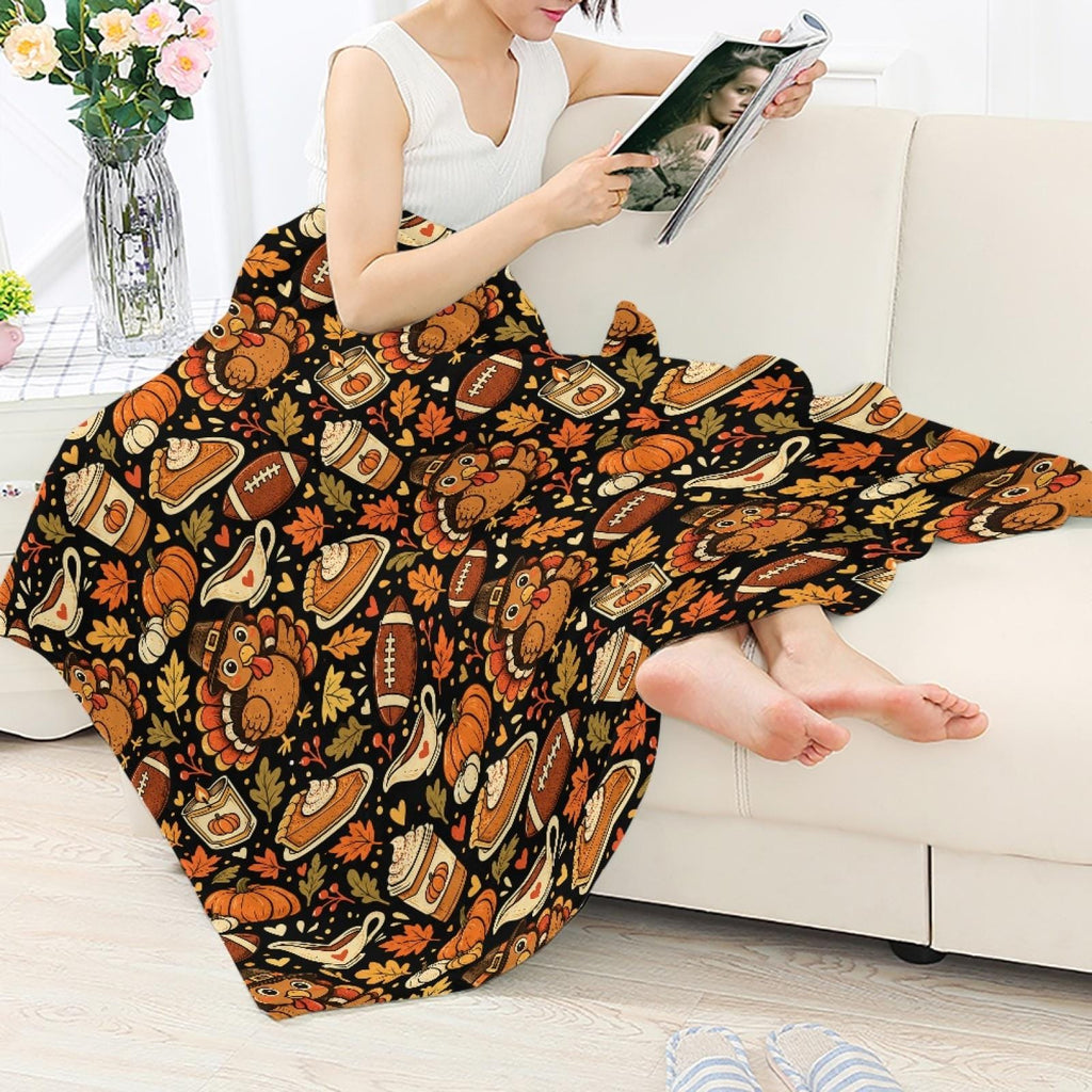 Thanksgiving Football Throw Blanket, Turkey Pumpkin Fleece Blanket, Fall Game Day Blanket, Cozy Autumn Home Decor, Holiday Family Gift