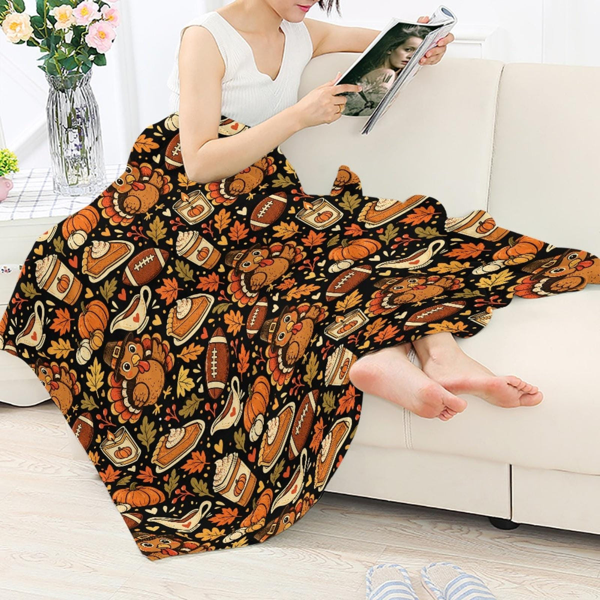 Thanksgiving Football Throw Blanket, Turkey Pumpkin Fleece Blanket, Fall Game Day Blanket, Cozy Autumn Home Decor, Holiday Family Gift