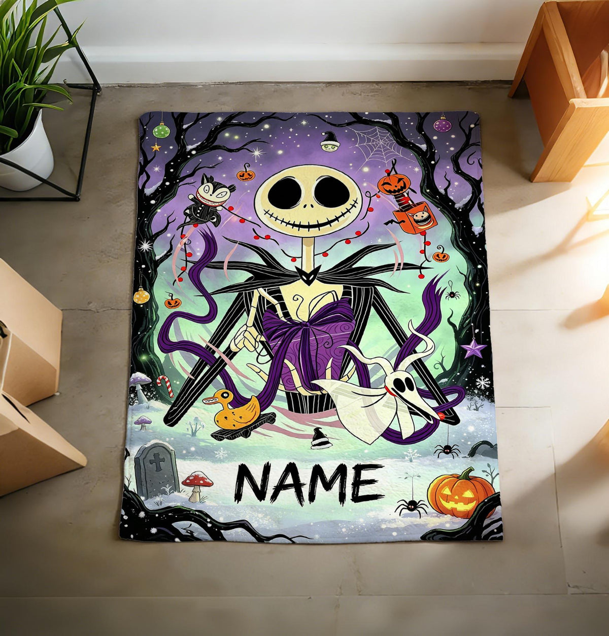 The Nightmare Before Christmas Blanket, Personalized Jack Skellington & Sally Halloween Flannel Throw, Custom Name Gift