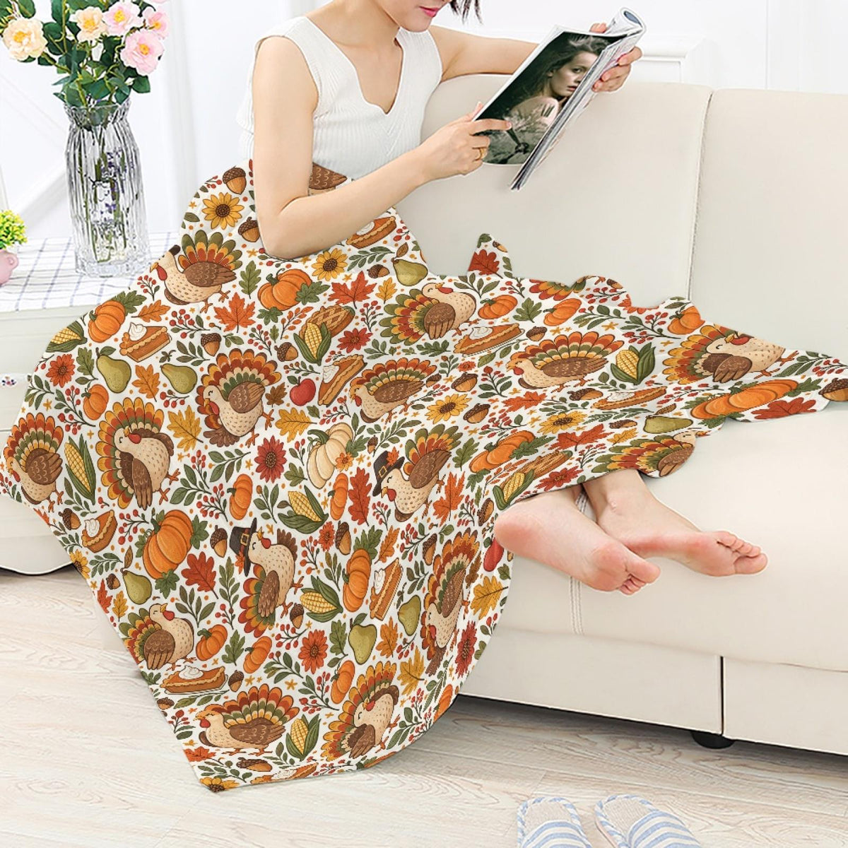 Thanksgiving Turkey Throw Blanket, Autumn Pumpkin Fleece Blanket, Fall Floral Cozy Blanket, Thanksgiving Living Room Decor, Gift for Her Mom