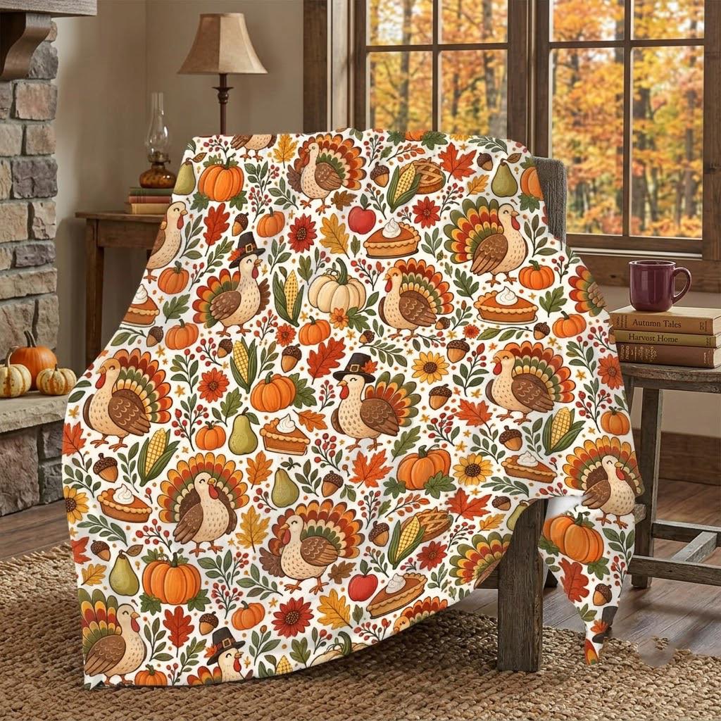 Thanksgiving Turkey Throw Blanket, Autumn Pumpkin Fleece Blanket, Fall Floral Cozy Blanket, Thanksgiving Living Room Decor, Gift for Her Mom