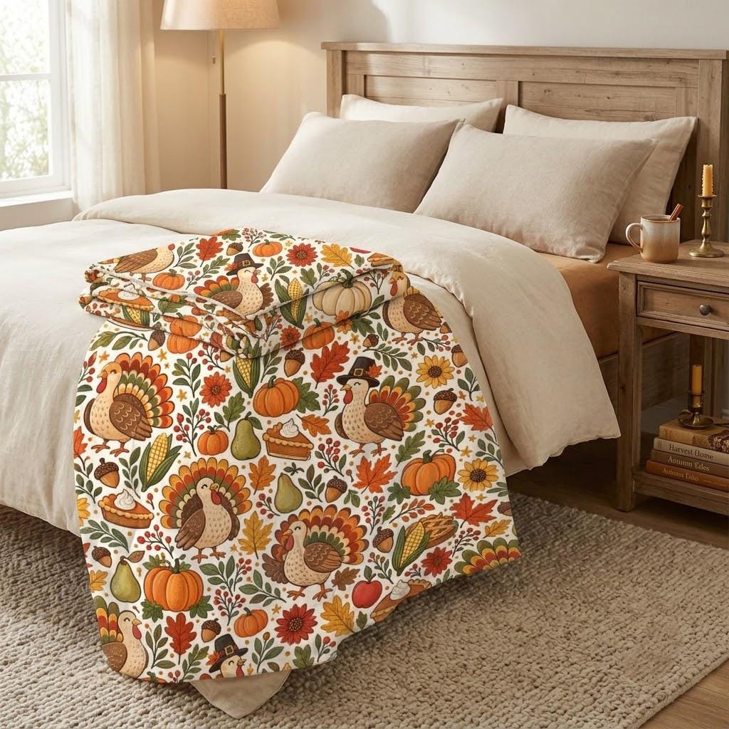 Thanksgiving Turkey Throw Blanket, Autumn Pumpkin Fleece Blanket, Fall Floral Cozy Blanket, Thanksgiving Living Room Decor, Gift for Her Mom