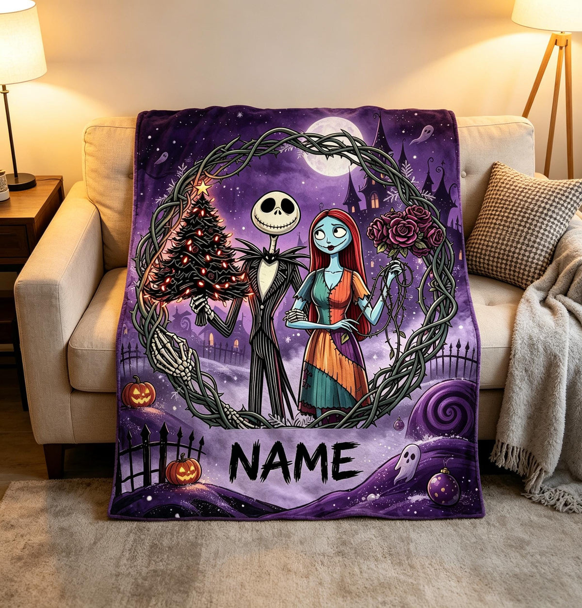 The Nightmare Before Christmas Blanket, Personalized Jack Skellington & Sally Halloween Flannel Throw, Custom Name Gift