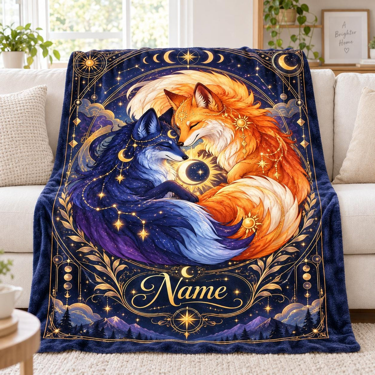 Personalized Celestial Fox Throw, Moon & Sun Design, Custom Name Blanket
