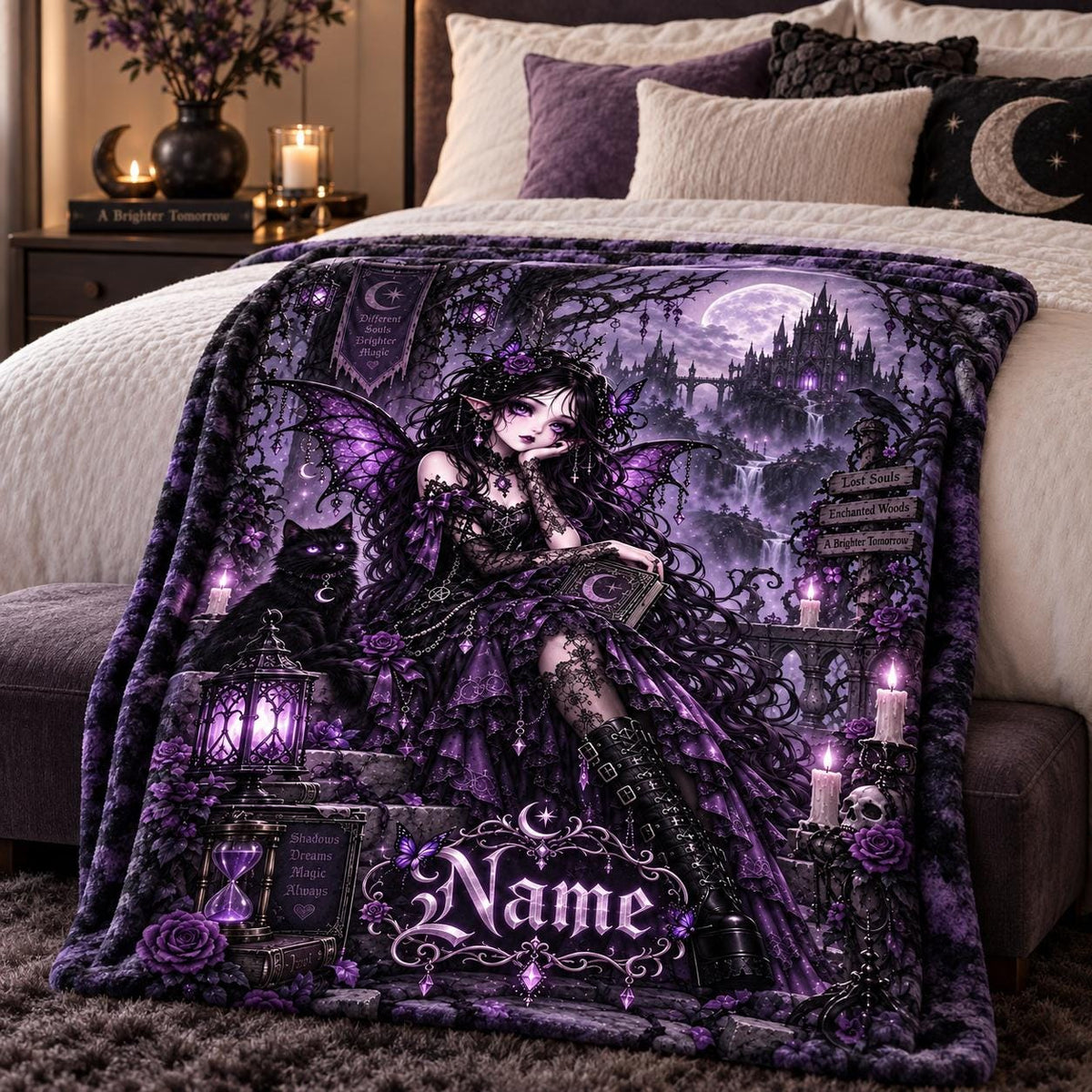 Personalized Gothic Fairy Throw, Custom Dark Fantasy Design, Purple Witchy Gift