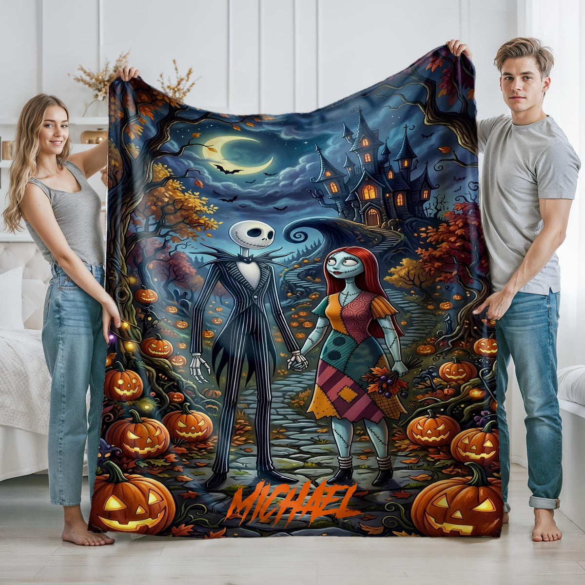 Personalized Jack and Sally Blanket, Custom Nightmare Before Christmas Throw with Name, Gothic Halloween Blanket, Tim Burton Inspired Gift