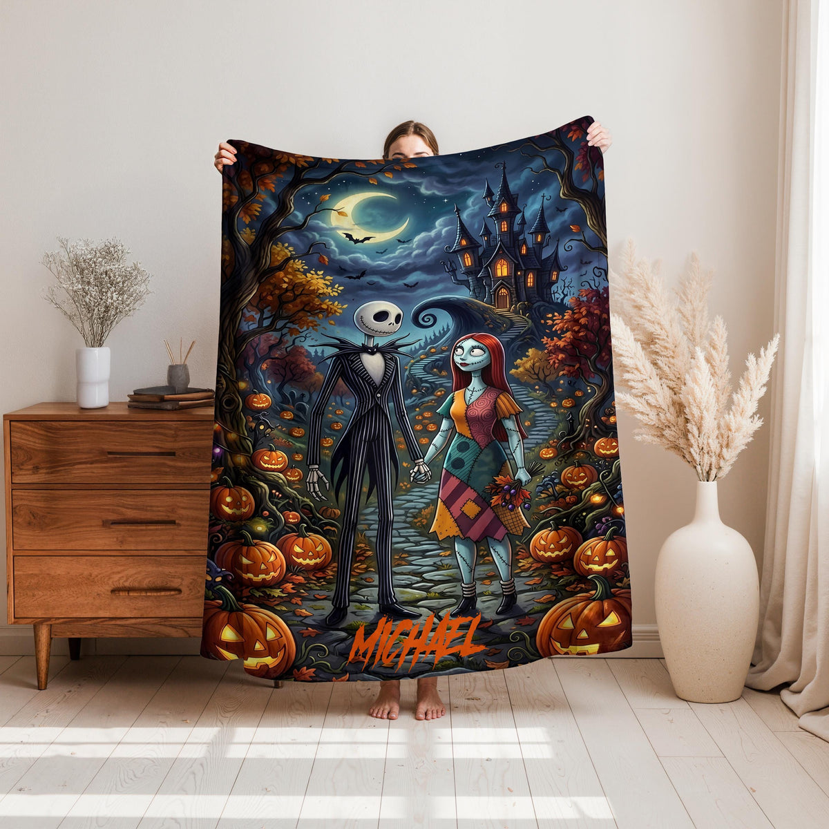 Personalized Jack and Sally Blanket, Custom Nightmare Before Christmas Throw with Name, Gothic Halloween Blanket, Tim Burton Inspired Gift