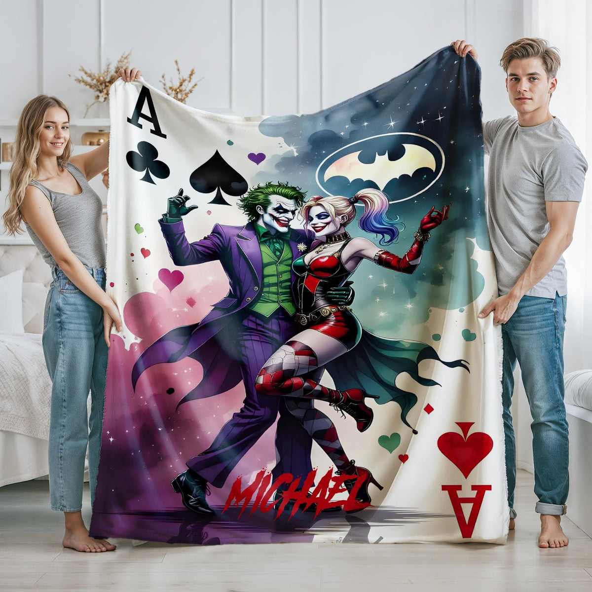 Personalized Joker and Harley Quinn Blanket, Custom Joker Harley Throw with Name, DC Comics Inspired Couple Blanket, Gothic Villain Gift,