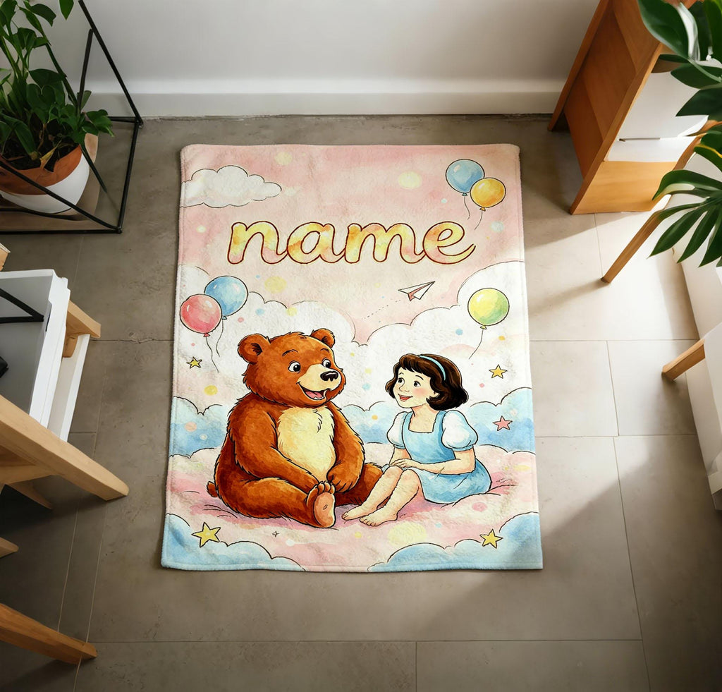 Personalized Name Throw Blanket, Bear and Girl Illustration, Soft Flannel Baby Shower Gift