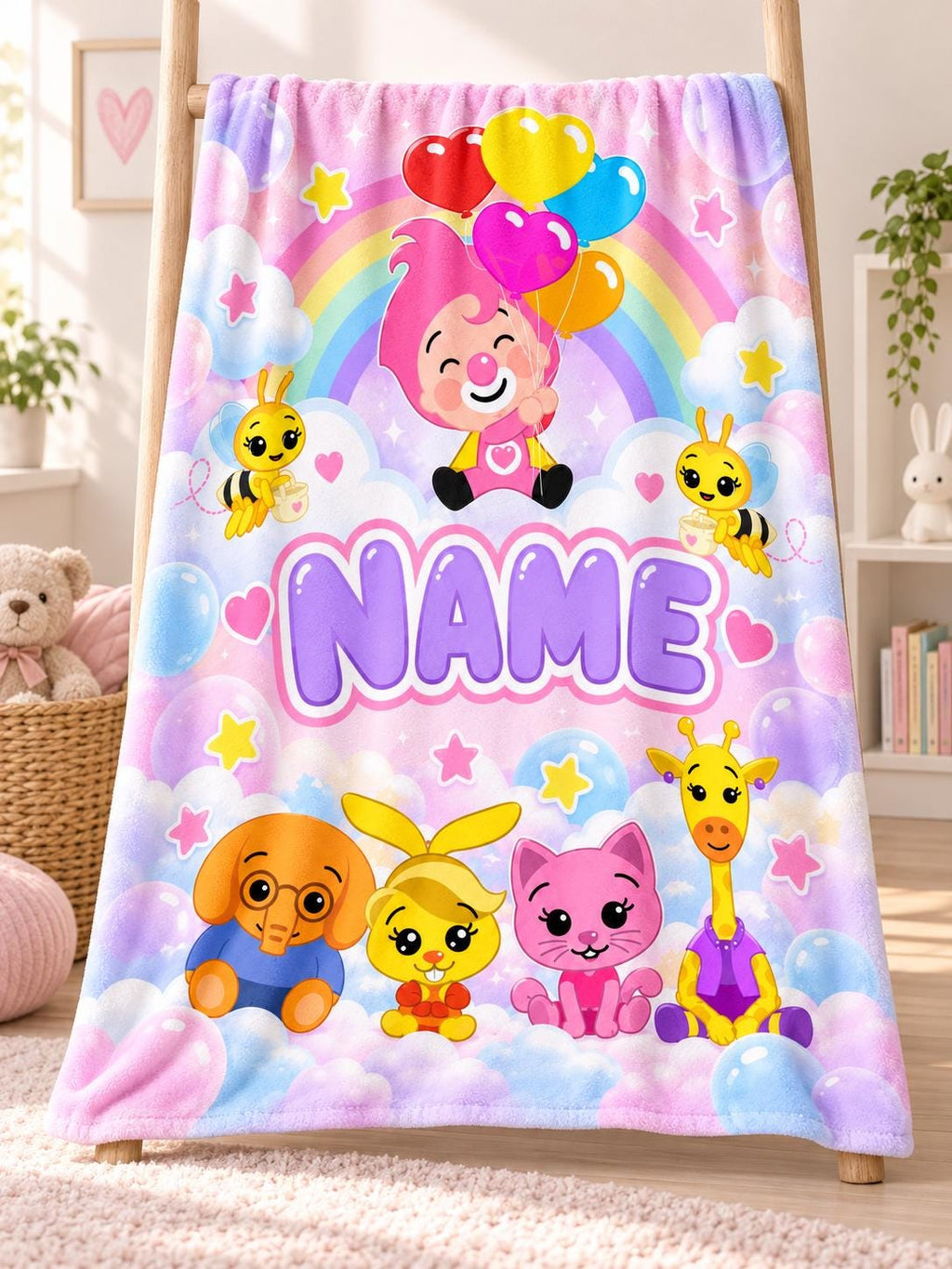 Plim Plim Blanket Personalized Name, Custom Kids Flannel Throw Blanket, Plim Plim Birthday Gift, Rainbow Cartoon Nursery Decor