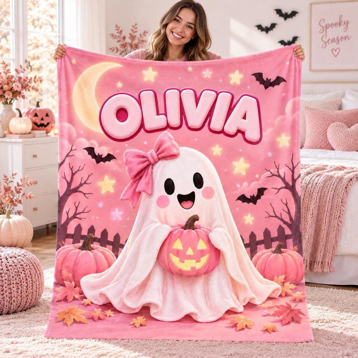 Personalized Pink Ghost Halloween Blanket for Girls, Custom Name, Spooky Season Gift