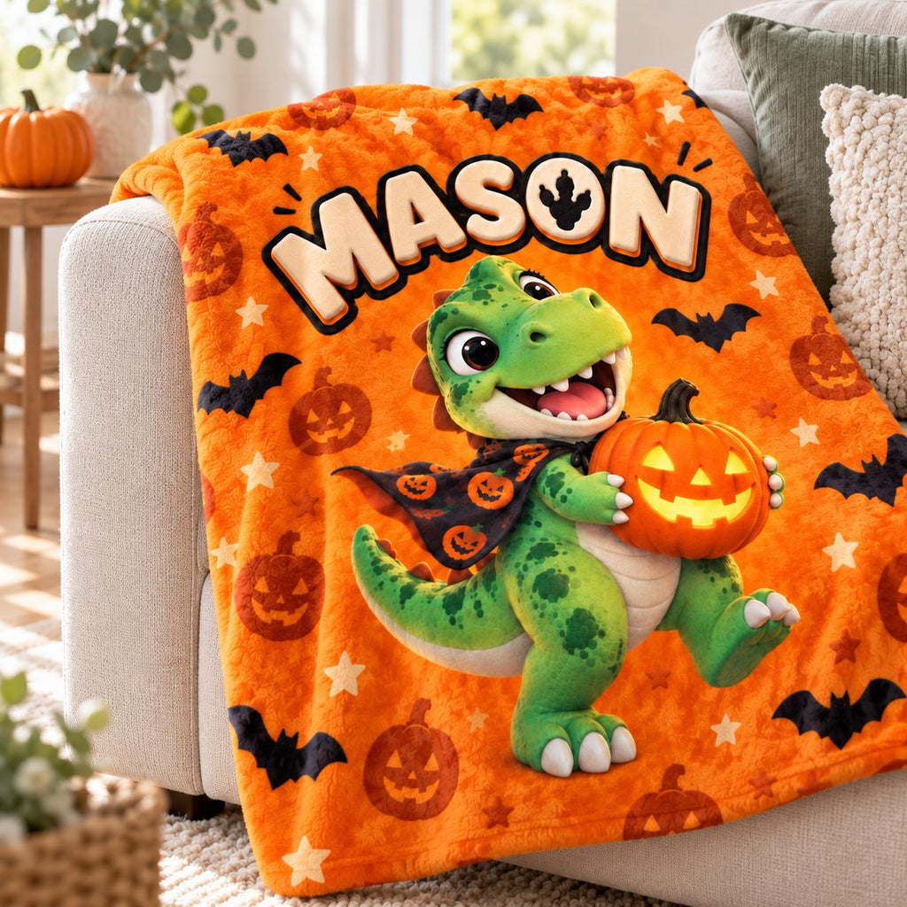 Personalized Halloween Dinosaur Blanket for Boys, Custom Name Kids Blanket