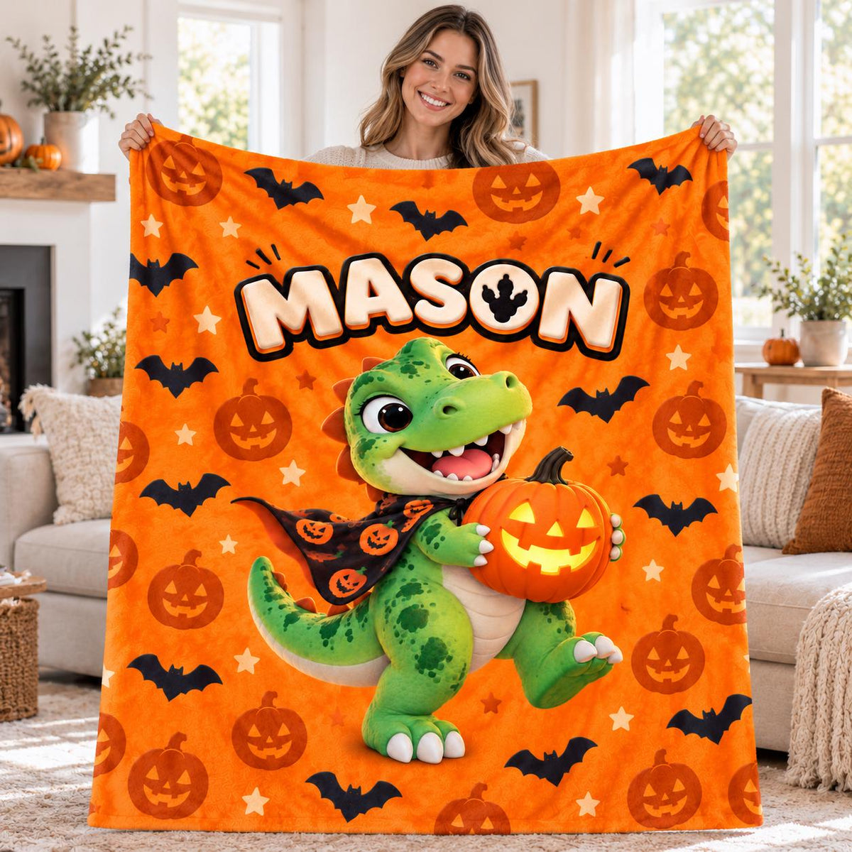 Personalized Halloween Dinosaur Blanket for Boys, Custom Name Kids Blanket