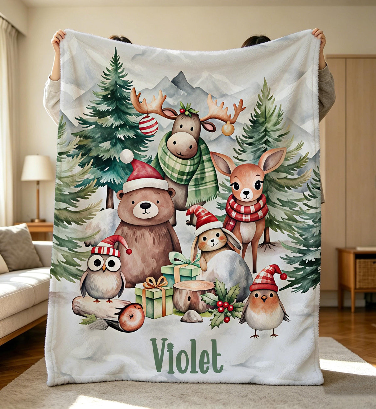 Baby's First Christmas Blanket Custom,Personalized Christmas Woodland Baby Blanket,Cozy Soft Flannel Throw,Winter Animals Pattern,Keepsake