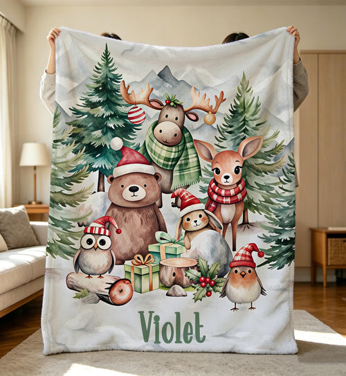Baby's First Christmas Blanket Custom,Personalized Christmas Woodland Baby Blanket,Cozy Soft Flannel Throw,Winter Animals Pattern,Keepsake