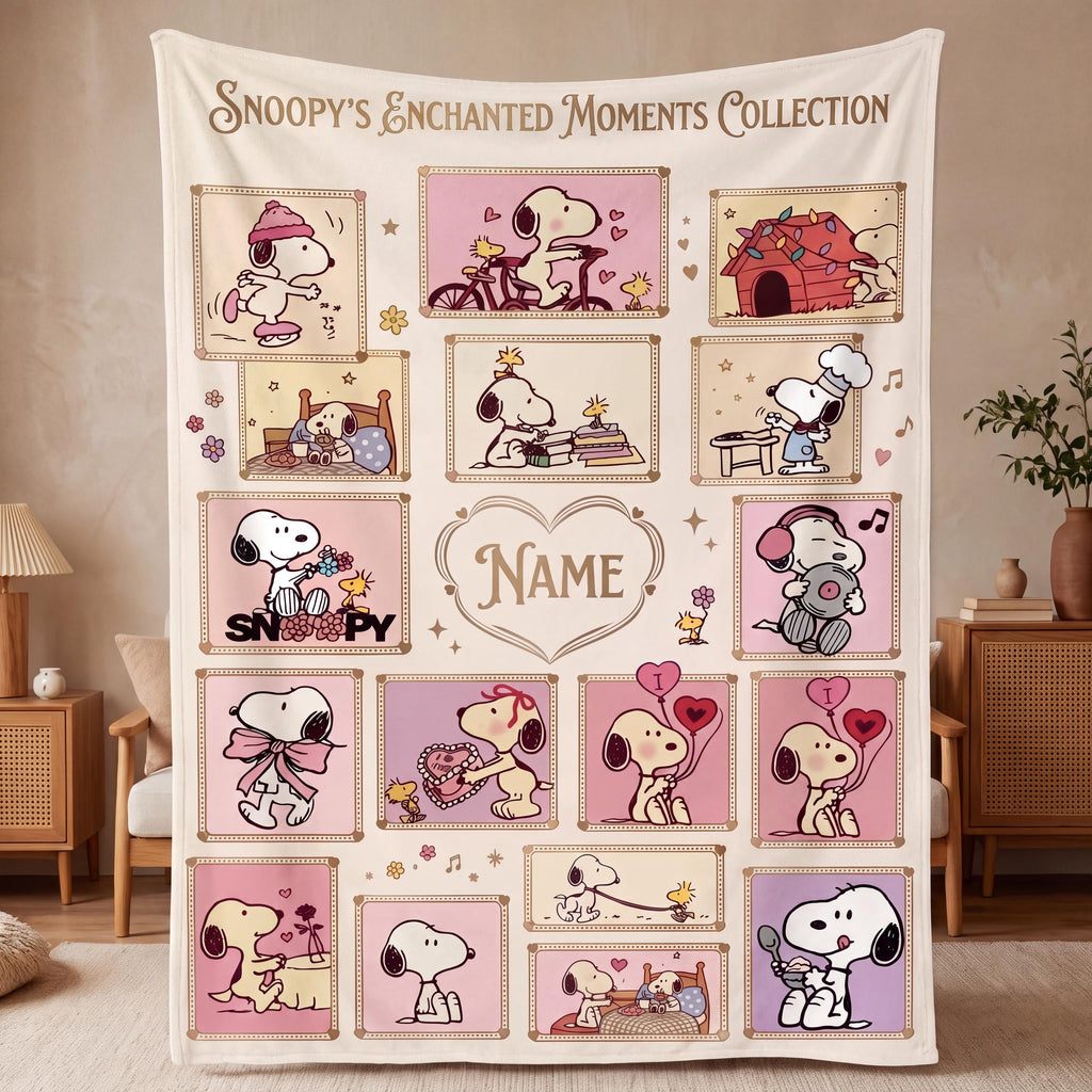 Cute Pink Snoopy Blanket, Peanuts Enchanted Moments Flannel Throw, Cozy Room Decor Gift for Daughter, Custom Name Bedspread