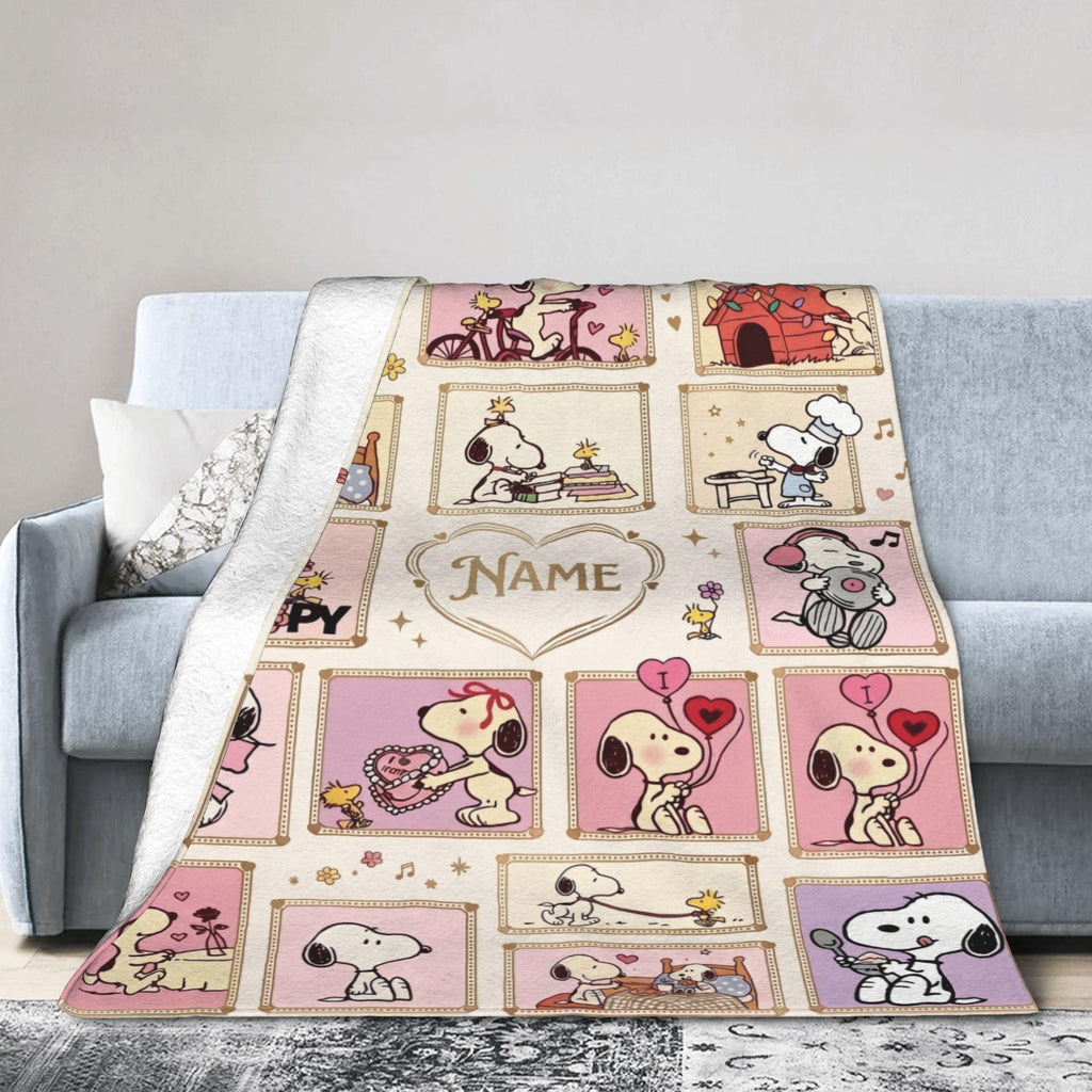 Cute Pink Snoopy Blanket, Peanuts Enchanted Moments Flannel Throw, Cozy Room Decor Gift for Daughter, Custom Name Bedspread