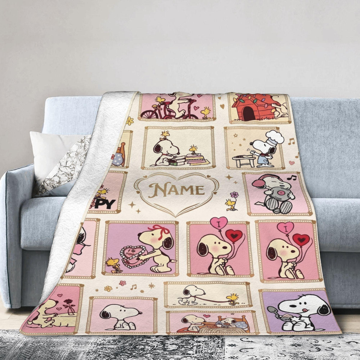 Cute Pink Snoopy Blanket, Peanuts Enchanted Moments Flannel Throw, Cozy Room Decor Gift for Daughter, Custom Name Bedspread