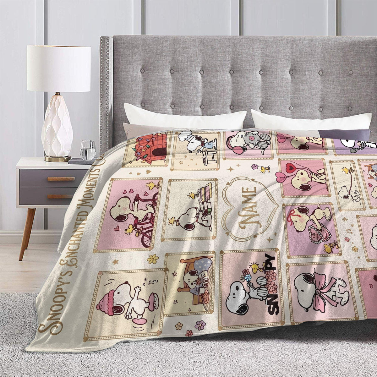 Cute Pink Snoopy Blanket, Peanuts Enchanted Moments Flannel Throw, Cozy Room Decor Gift for Daughter, Custom Name Bedspread