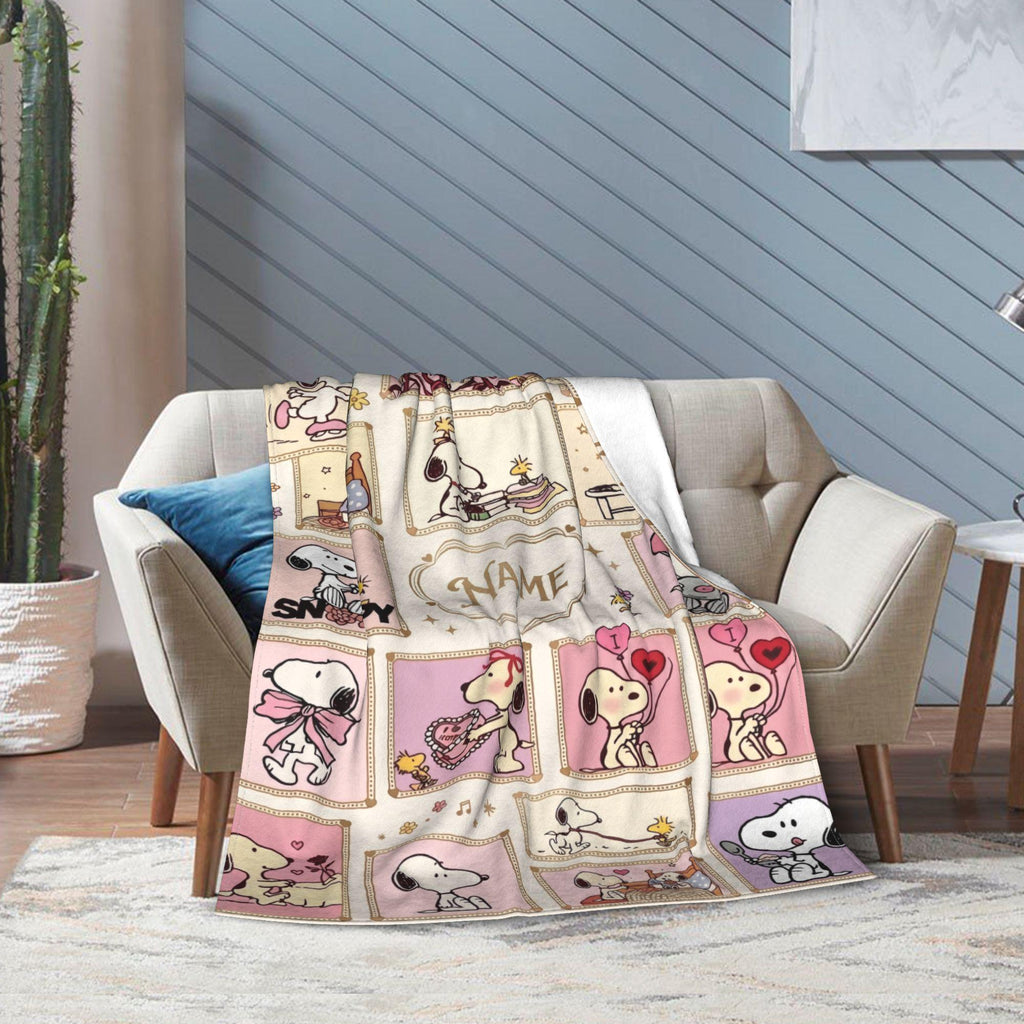 Cute Pink Snoopy Blanket, Peanuts Enchanted Moments Flannel Throw, Cozy Room Decor Gift for Daughter, Custom Name Bedspread