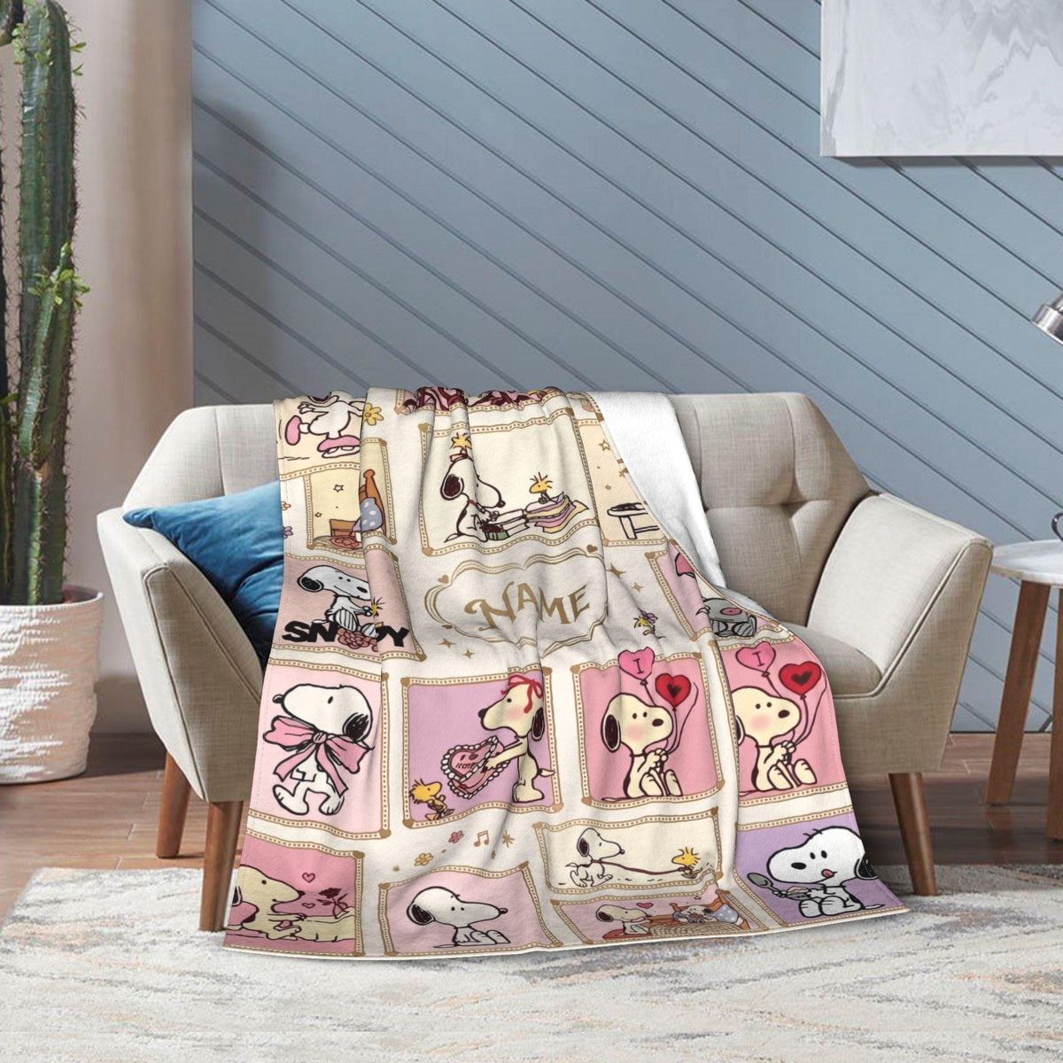 Cute Pink Snoopy Blanket, Peanuts Enchanted Moments Flannel Throw, Cozy Room Decor Gift for Daughter, Custom Name Bedspread