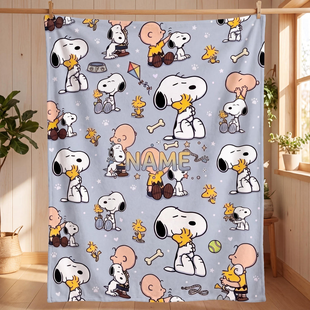 Cute Blue Snoopy Blanket, Peanuts Charlie Brown Flannel Throw, Cozy Room Decor Gift for Bestie, Custom Name Bedspread