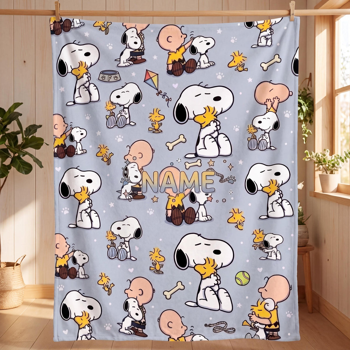 Cute Blue Snoopy Blanket, Peanuts Charlie Brown Flannel Throw, Cozy Room Decor Gift for Bestie, Custom Name Bedspread