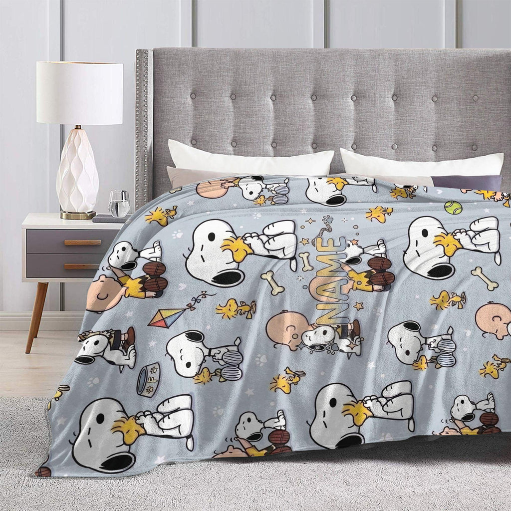 Cute Blue Snoopy Blanket, Peanuts Charlie Brown Flannel Throw, Cozy Room Decor Gift for Bestie, Custom Name Bedspread