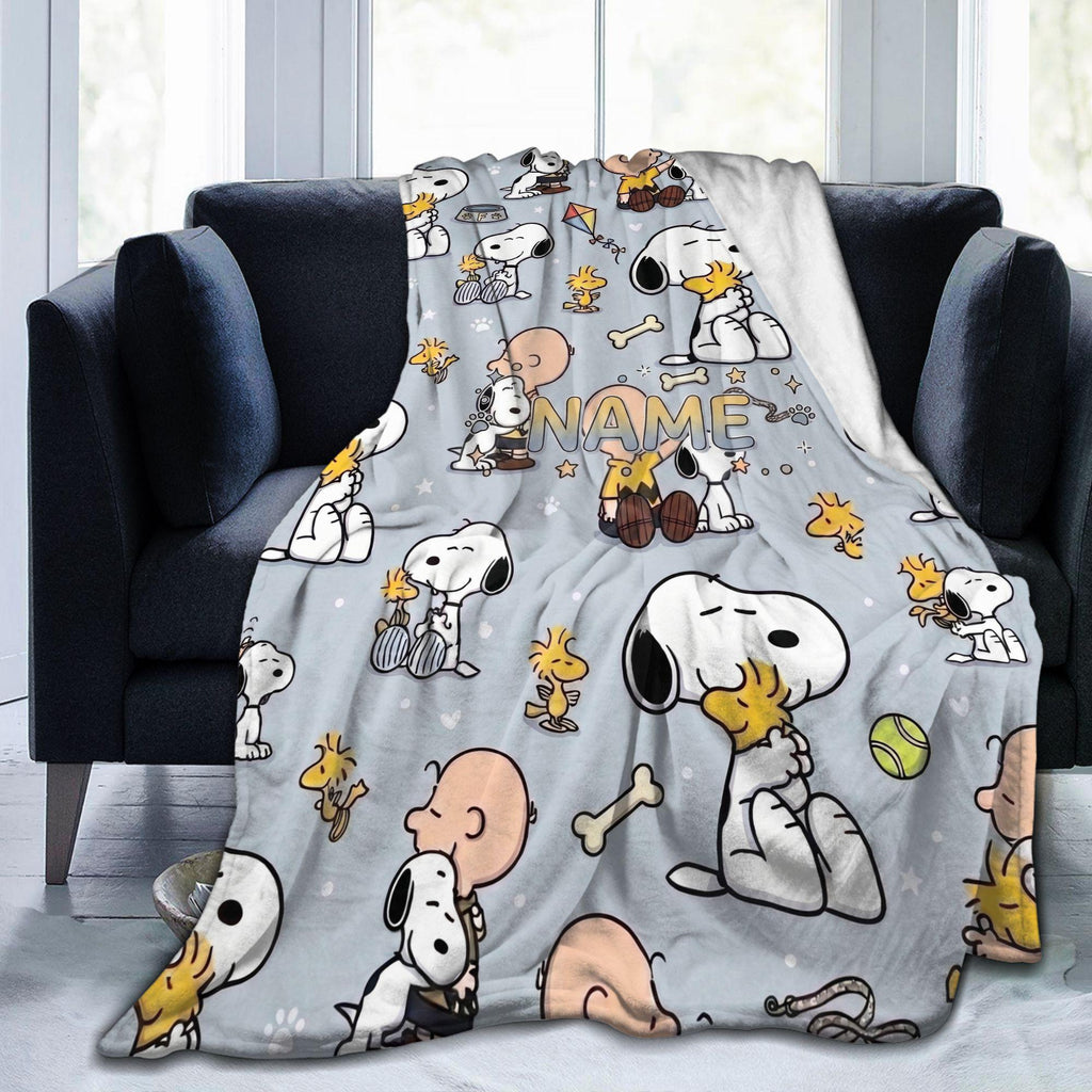 Cute Blue Snoopy Blanket, Peanuts Charlie Brown Flannel Throw, Cozy Room Decor Gift for Bestie, Custom Name Bedspread
