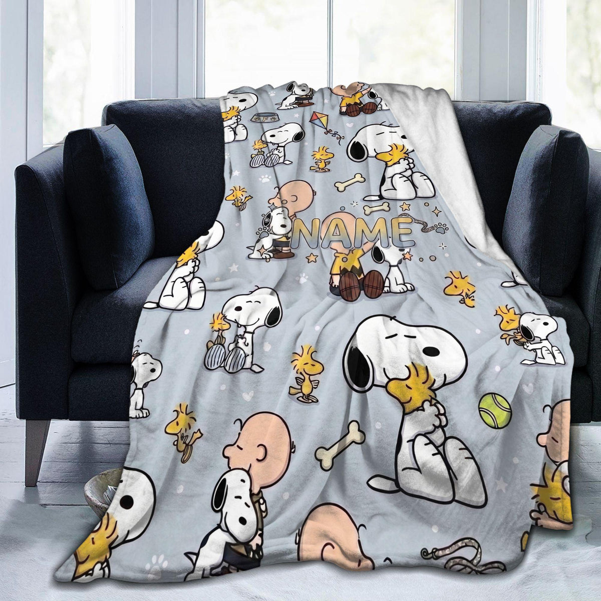 Cute Blue Snoopy Blanket, Peanuts Charlie Brown Flannel Throw, Cozy Room Decor Gift for Bestie, Custom Name Bedspread