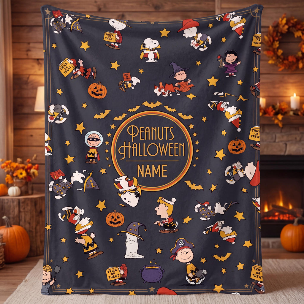 Snoopy Halloween Blanket, Peanuts Trick Or Treat Flannel Throw, Spooky Room Decor Gift for Kids, Custom Name Bedspread