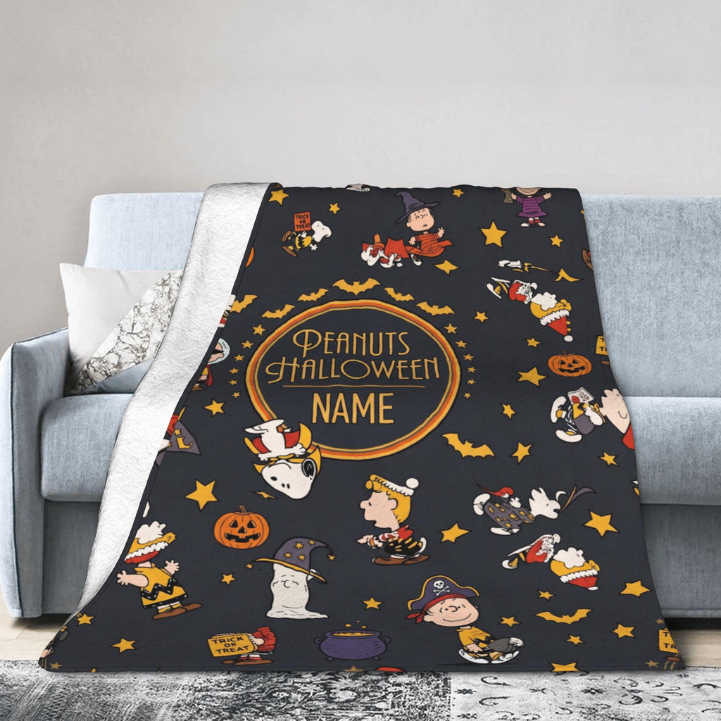 Snoopy Halloween Blanket, Peanuts Trick Or Treat Flannel Throw, Spooky Room Decor Gift for Kids, Custom Name Bedspread