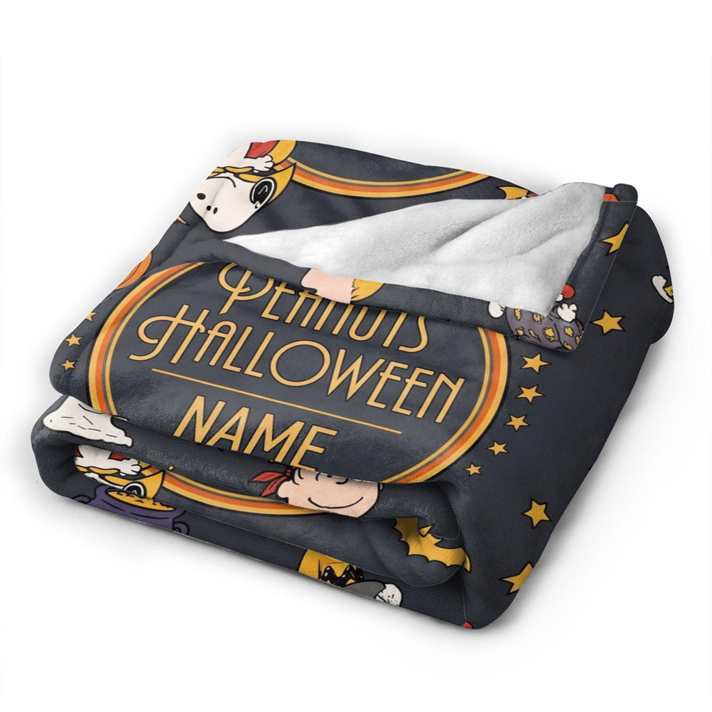 Snoopy Halloween Blanket, Peanuts Trick Or Treat Flannel Throw, Spooky Room Decor Gift for Kids, Custom Name Bedspread