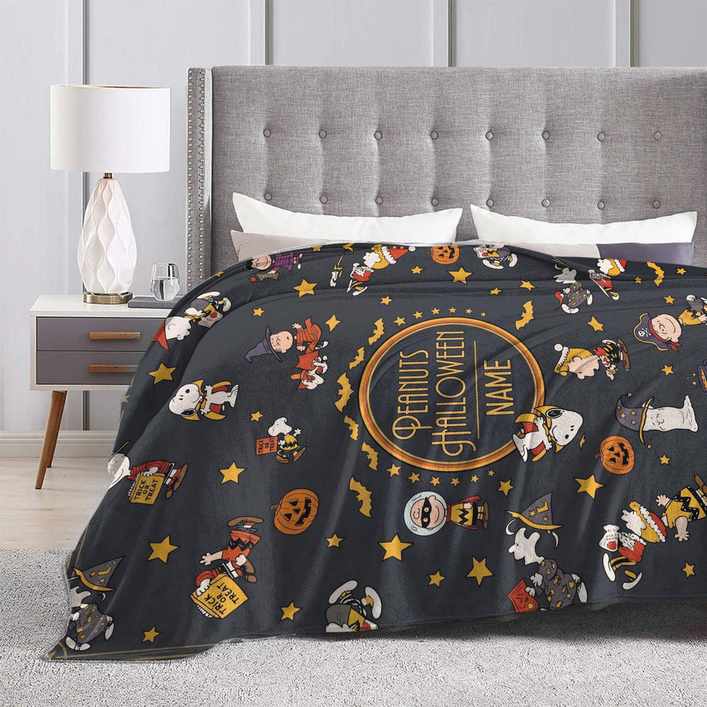 Snoopy Halloween Blanket, Peanuts Trick Or Treat Flannel Throw, Spooky Room Decor Gift for Kids, Custom Name Bedspread
