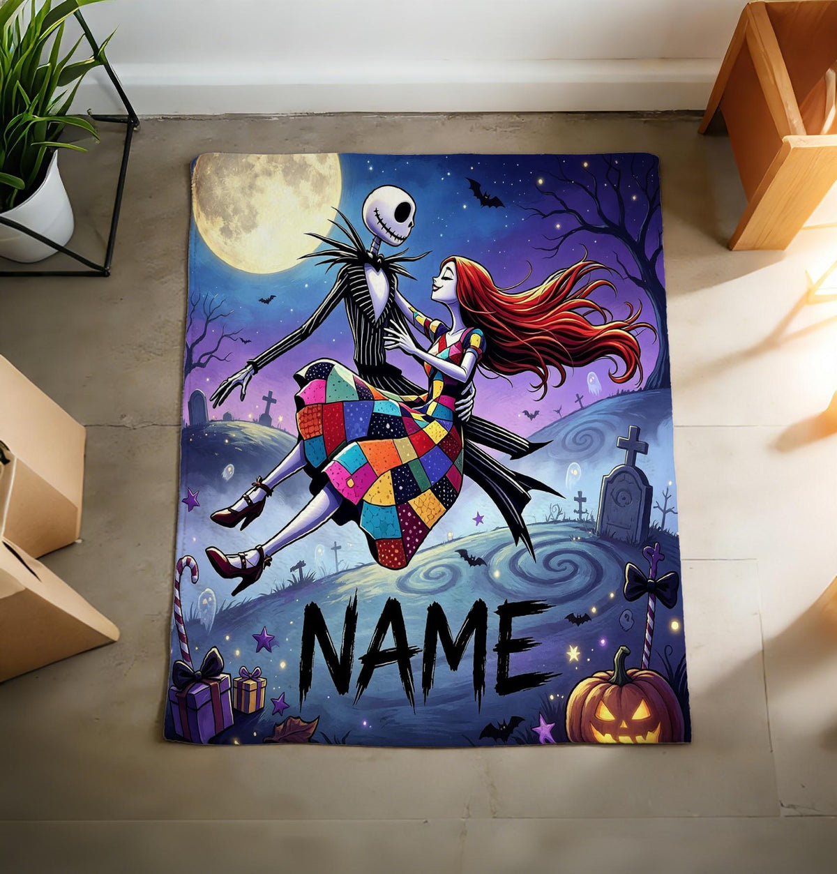 The Nightmare Before Christmas Blanket, Personalized Jack Skellington & Sally Halloween Flannel Throw, Custom Name Gift