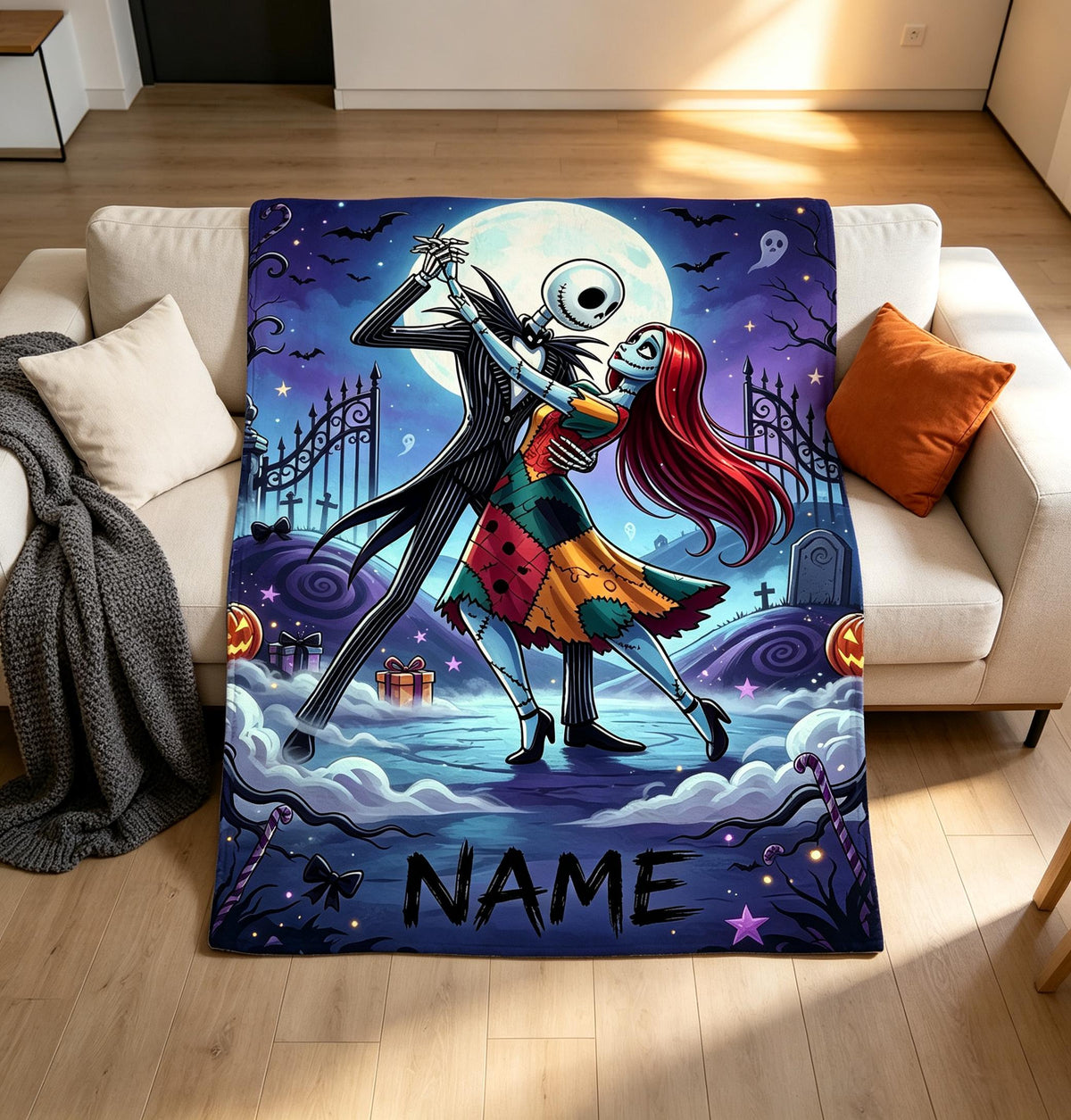 The Nightmare Before Christmas Blanket, Personalized Jack Skellington & Sally Halloween Flannel Throw, Custom Name Gift