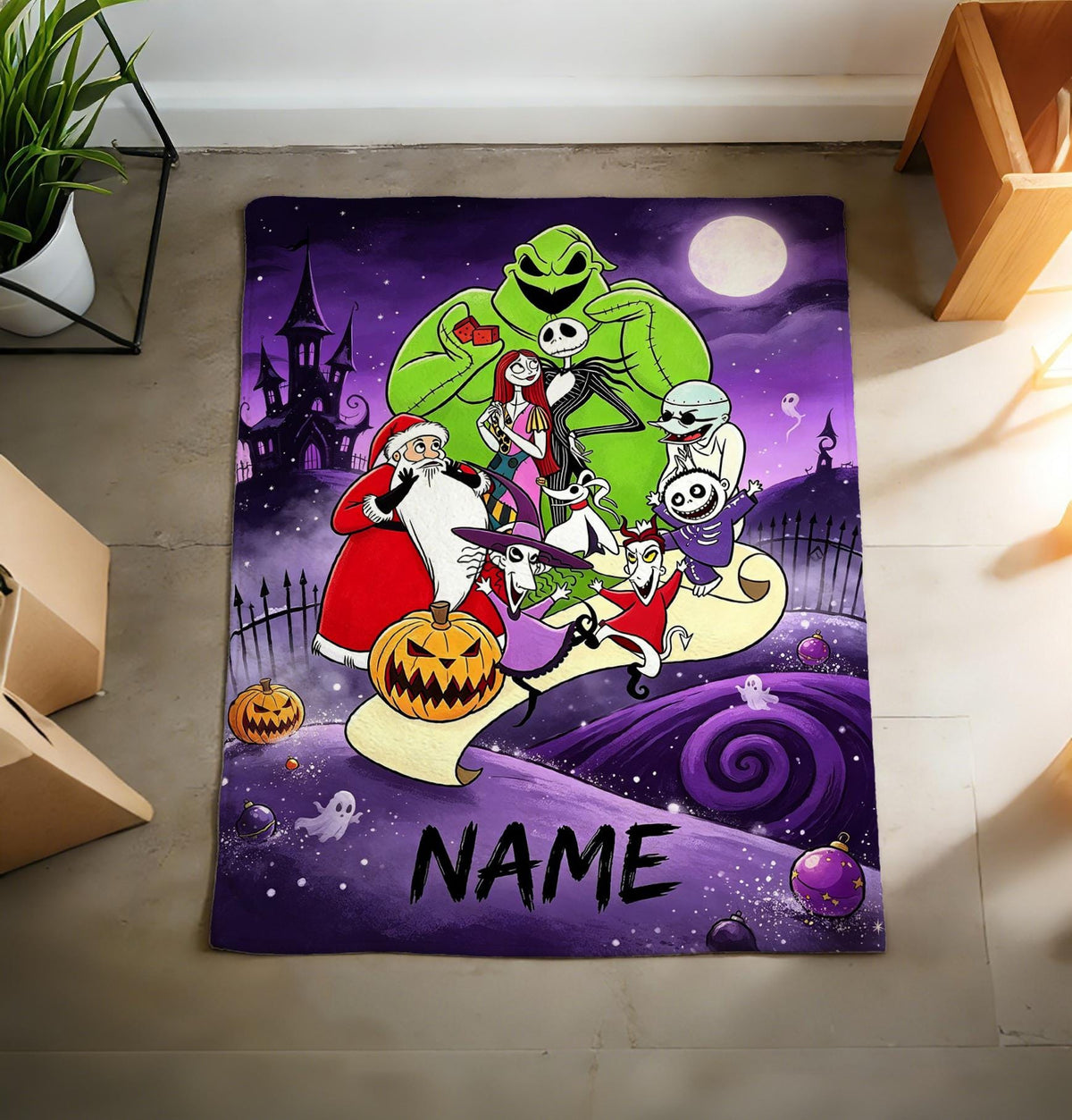 The Nightmare Before Christmas Blanket, Personalized Jack Skellington & Sally Halloween Flannel Throw, Custom Name Gift
