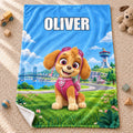 Personalized Pink Pilot Puppy Skye Blanket, Custom Name Flannel Throw for Kids, Birthday Gift