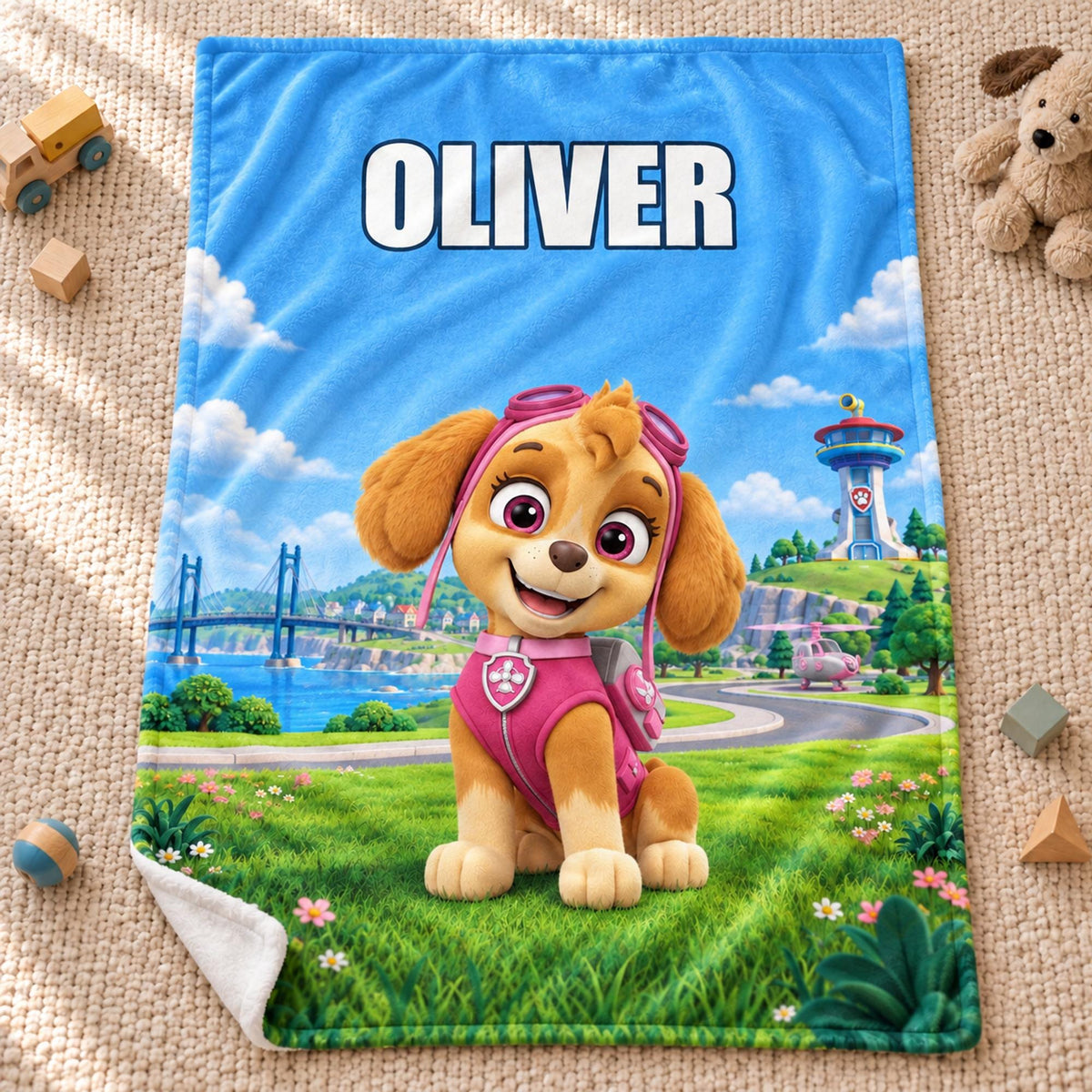 Personalized Pink Pilot Puppy Skye Blanket, Custom Name Flannel Throw for Kids, Birthday Gift