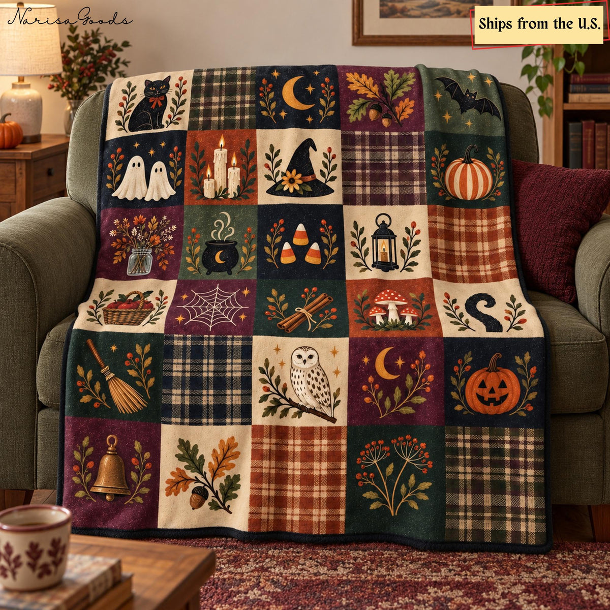 Vintage Halloween Flannel Blanket, Patchwork Print with Ghosts, Black Cat and Pumpkins, Cottagecore Fall Throw