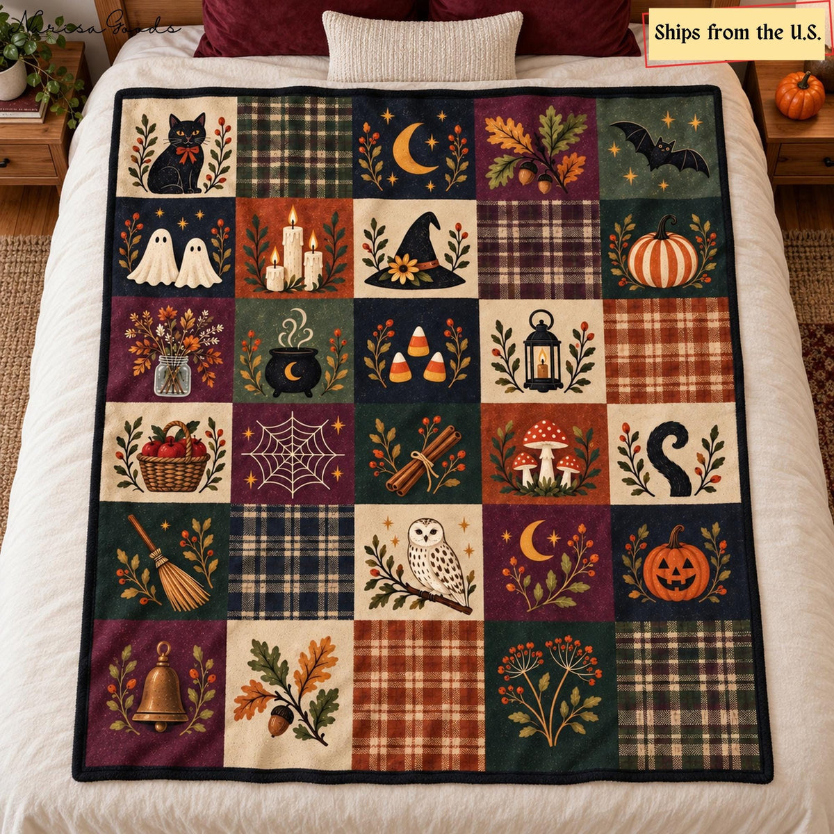 Vintage Halloween Flannel Blanket, Patchwork Print with Ghosts, Black Cat and Pumpkins, Cottagecore Fall Throw