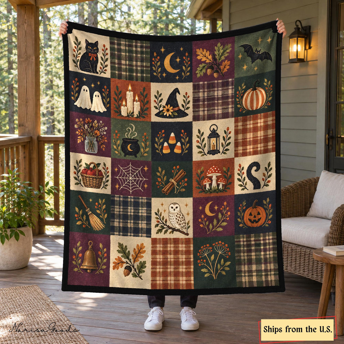 Vintage Halloween Flannel Blanket, Patchwork Print with Ghosts, Black Cat and Pumpkins, Cottagecore Fall Throw