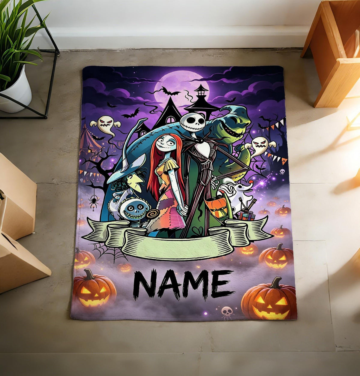 The Nightmare Before Christmas Blanket, Personalized Jack Skellington & Sally Halloween Flannel Throw, Custom Name Gift