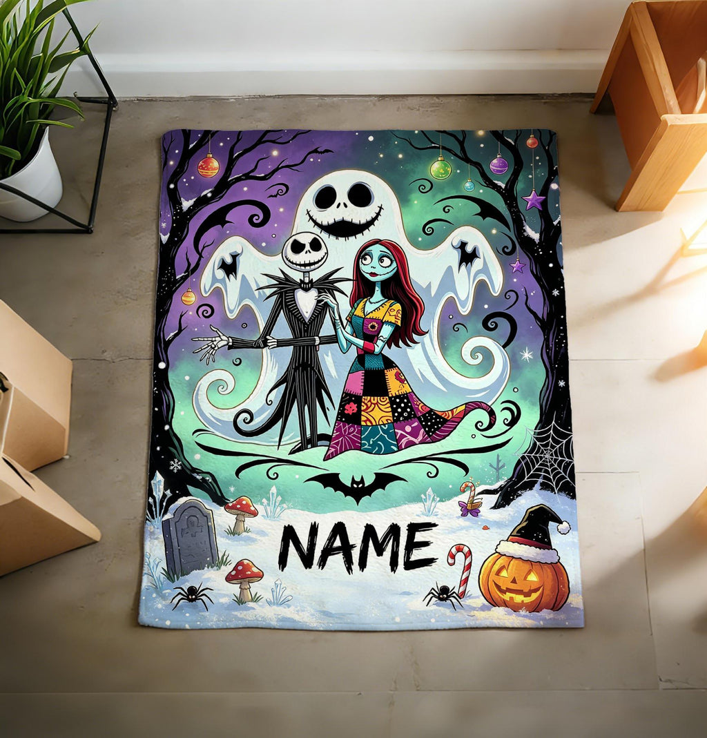 The Nightmare Before Christmas Blanket, Personalized Jack Skellington & Sally Halloween Flannel Throw, Custom Name Gift