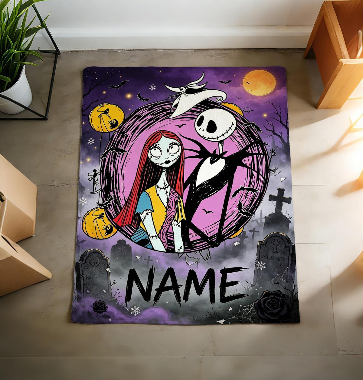 The Nightmare Before Christmas Blanket, Personalized Jack Skellington & Sally Halloween Flannel Throw, Custom Name Gift