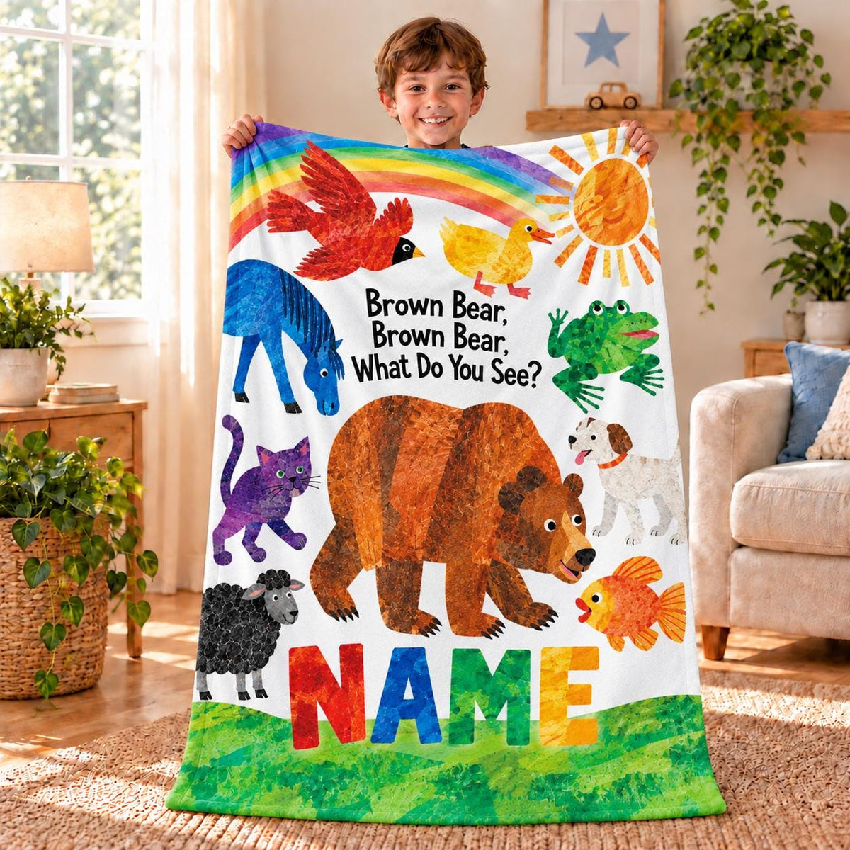 Personalized Toddler Name Blanket: Storybook Bear, Rainbow Animals (Soft Throw)