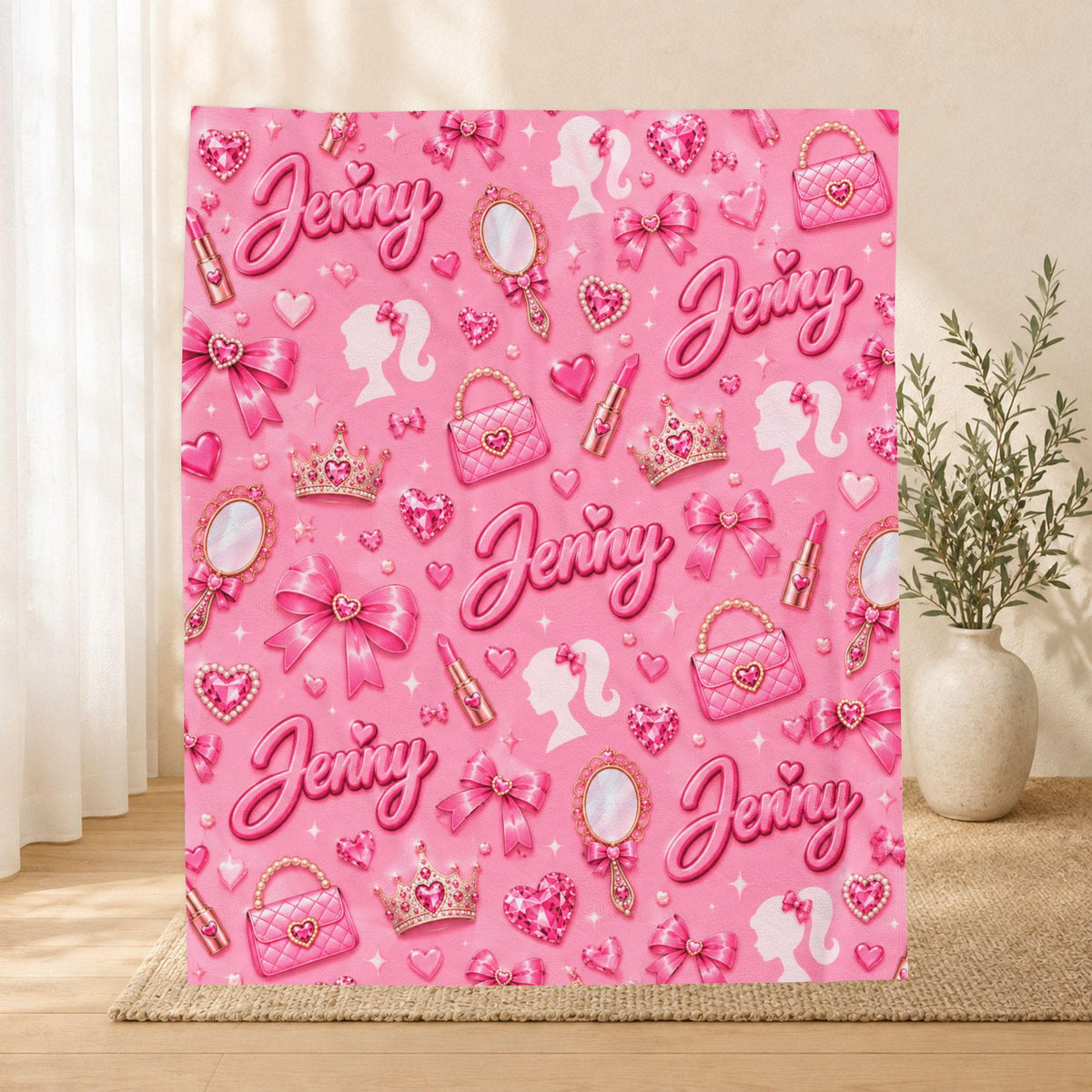Personalized Pink Name Blanket, Soft Velveteen Plush Throw for Girls