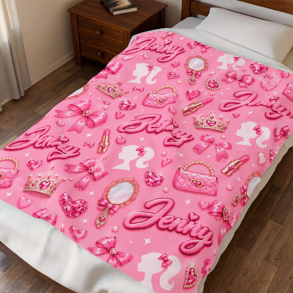 Personalized Pink Name Blanket, Soft Velveteen Plush Throw for Girls