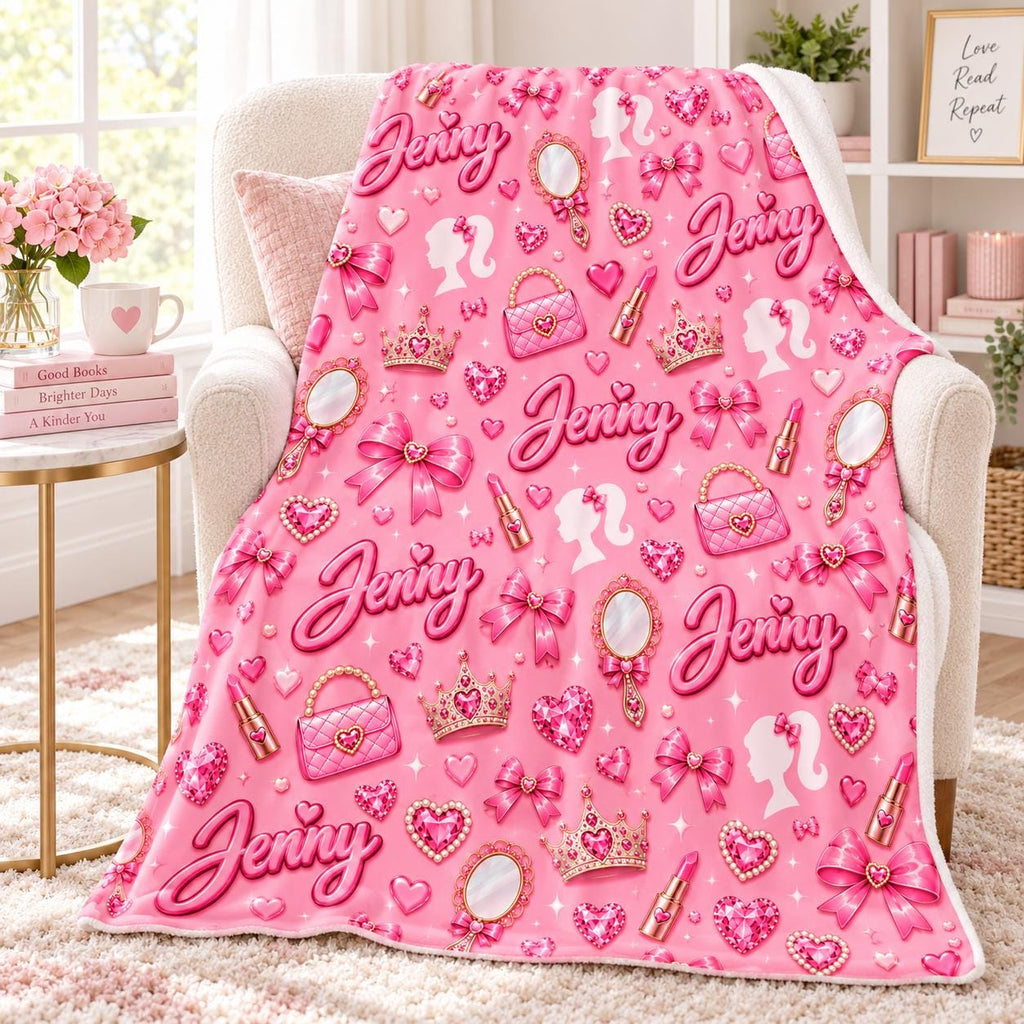 Personalized Pink Name Blanket, Soft Velveteen Plush Throw for Girls