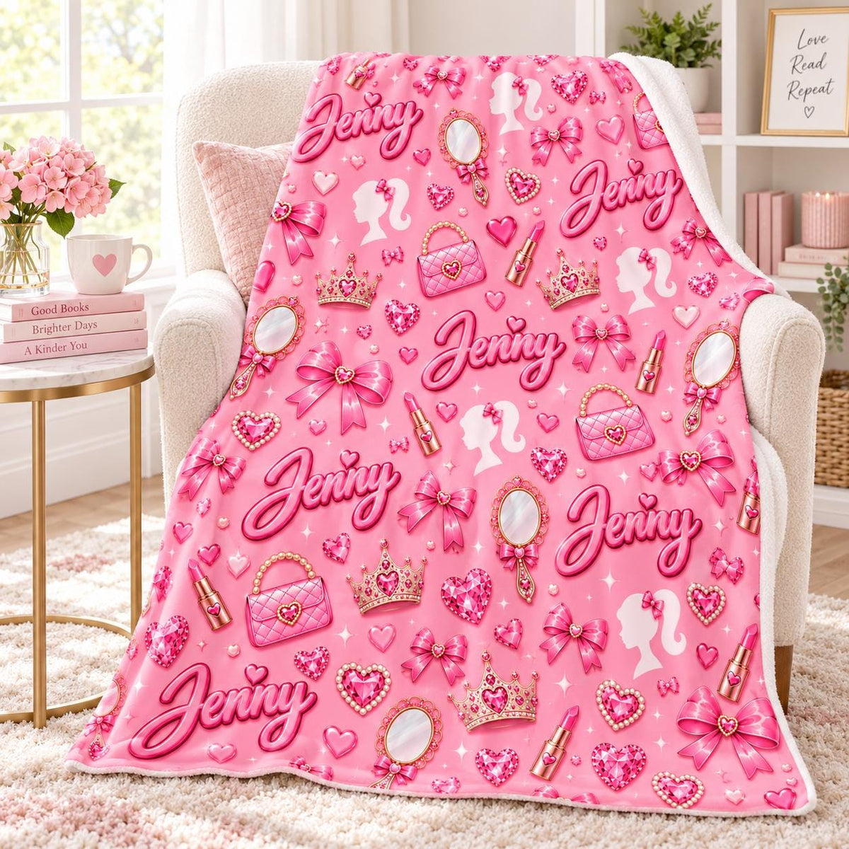 Personalized Pink Name Blanket, Soft Velveteen Plush Throw for Girls